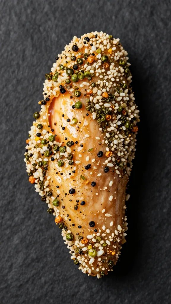 chicken tender with peppery crust, isolated on dark background