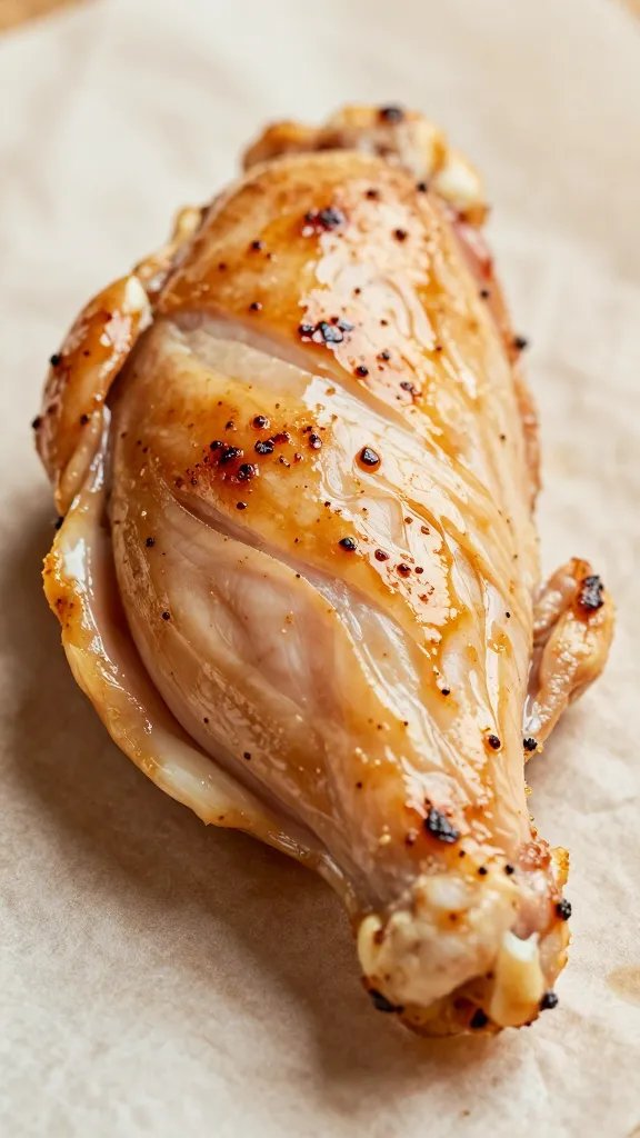 single keto chicken tender on parchment, extreme closeup