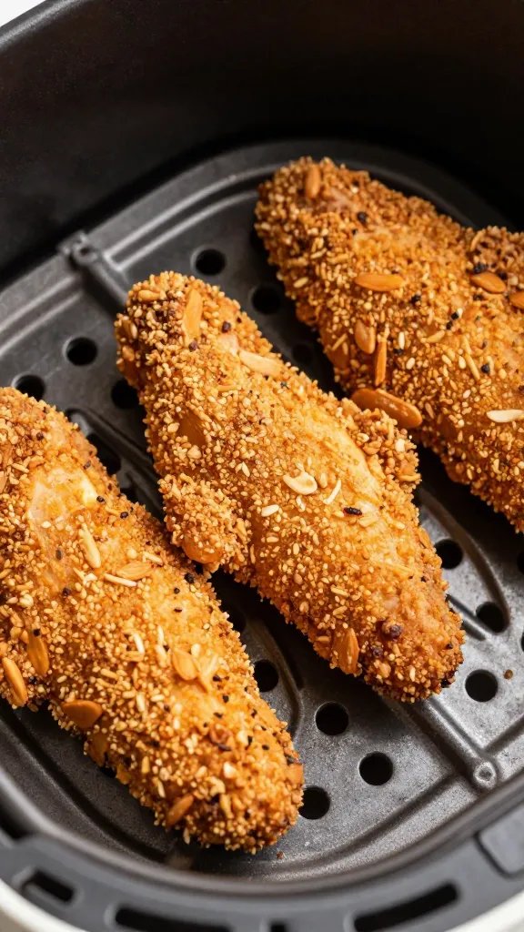 almond flour-coated chicken tender in air fryer basket, closeup