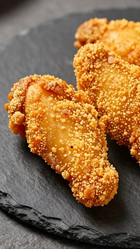 golden crispy chicken tender on black slate plate, closeup