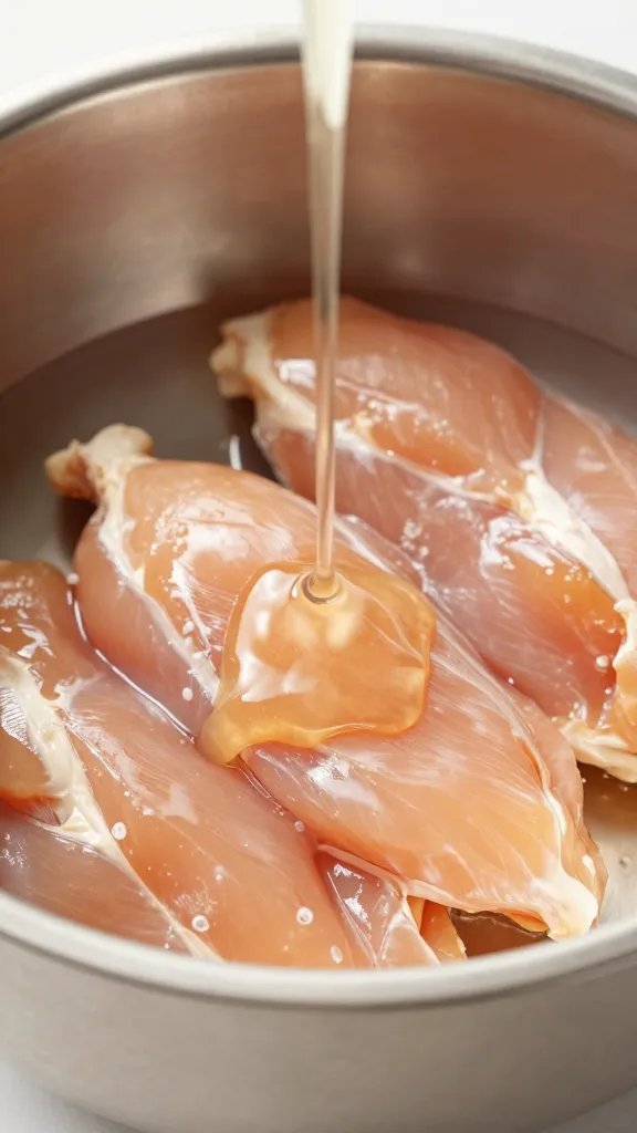 egg-washed chicken strip dripping, stainless bowl closeup