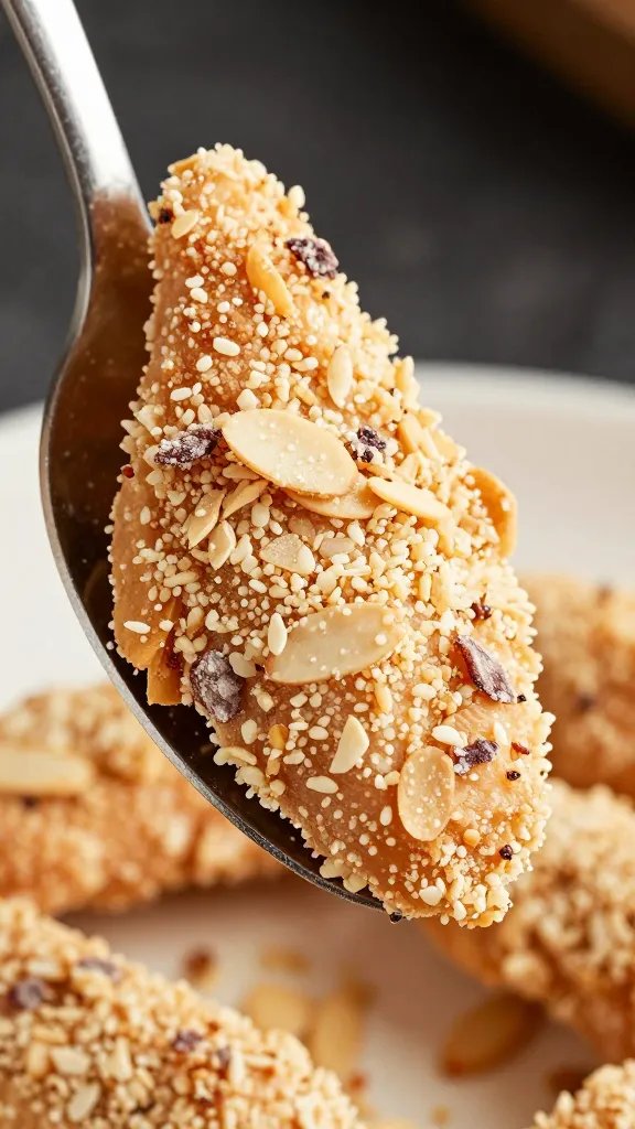 spoonful of almond flour breading over chicken tender, macro
