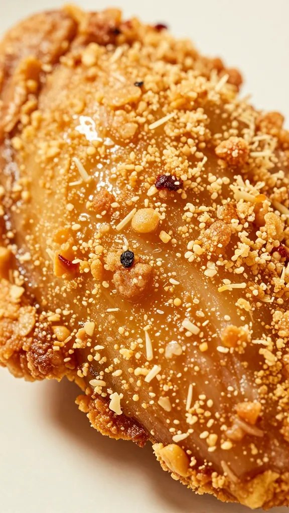cross-section of juicy chicken tender, crispy crust detail
