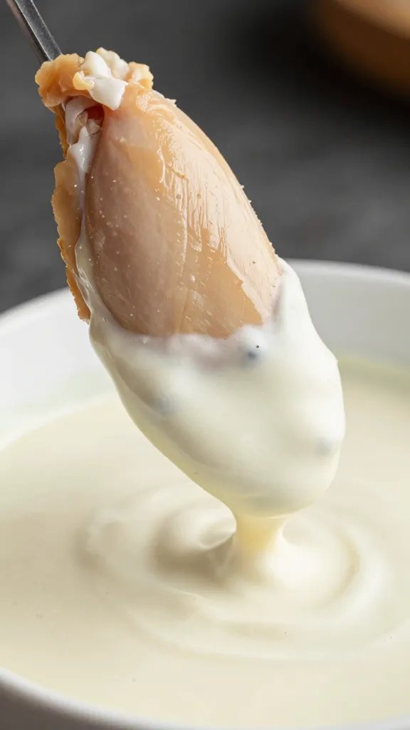 dipping a chicken tender into sugar-free ranch, closeup