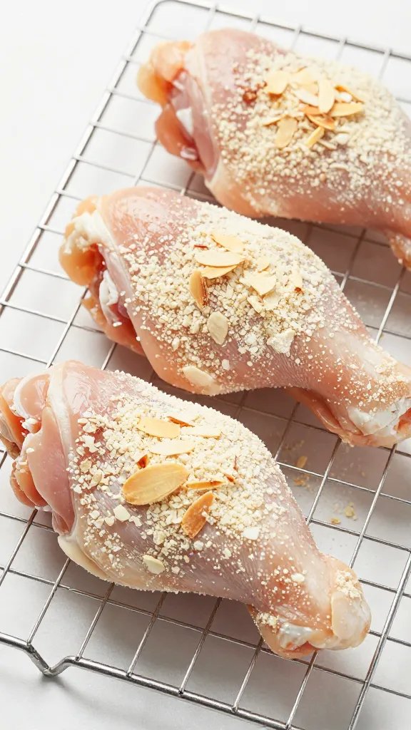raw chicken tender coated in almond flour, on wire rack
