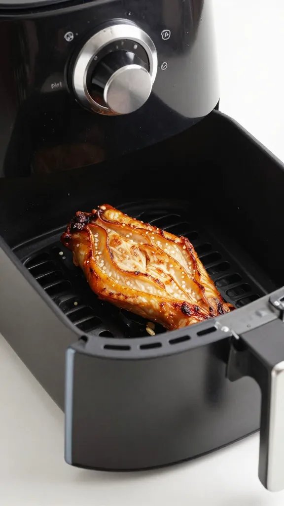 air fryer drawer open with single finished tender, closeup