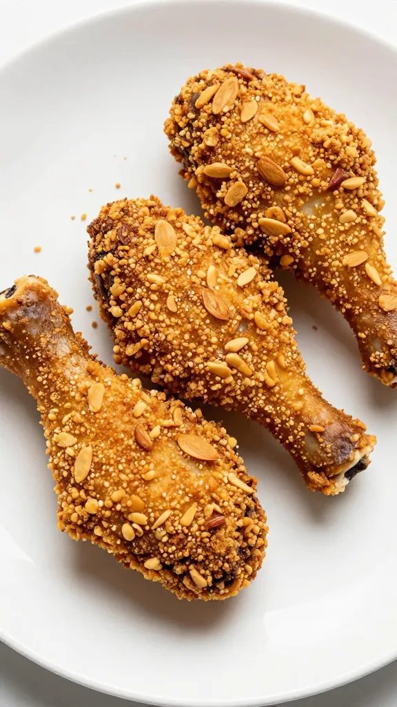 almond flour breaded drumstick, crispy skin, on white plate