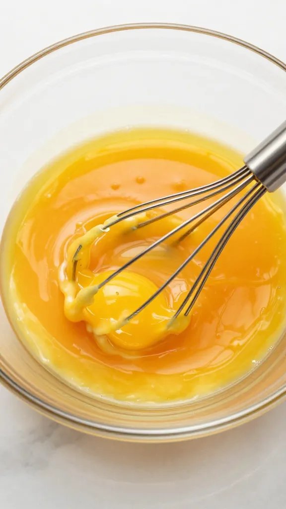 glossy egg wash in glass bowl with whisk, overhead