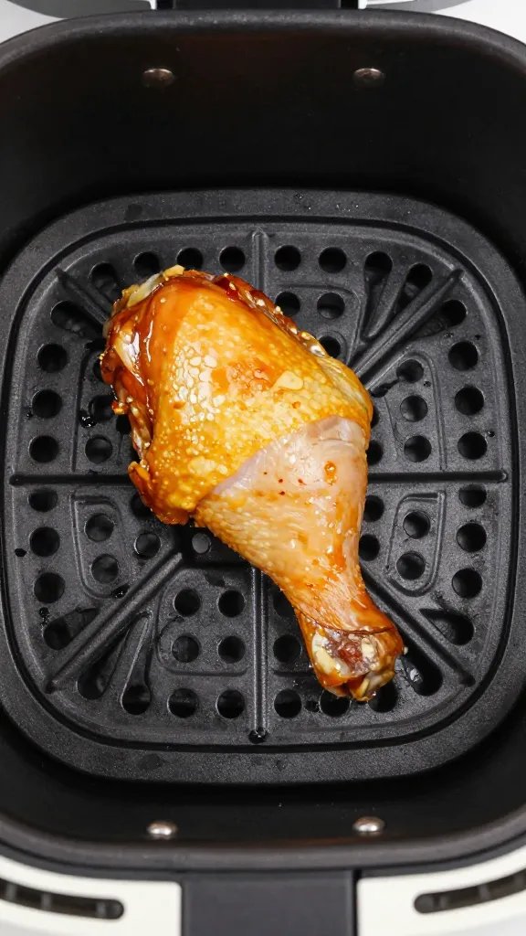air fryer basket with single golden chicken thigh