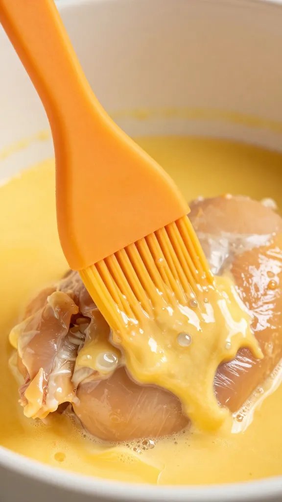 silicone brush glazing chicken with egg wash, macro