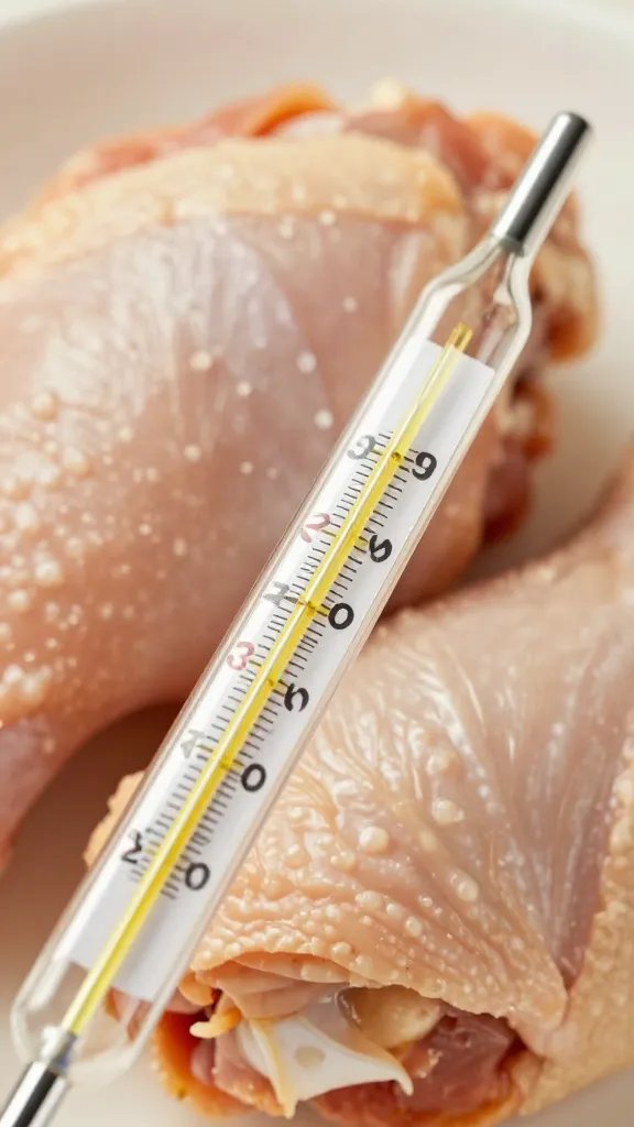 thermometer probe in cooked chicken thigh, closeup