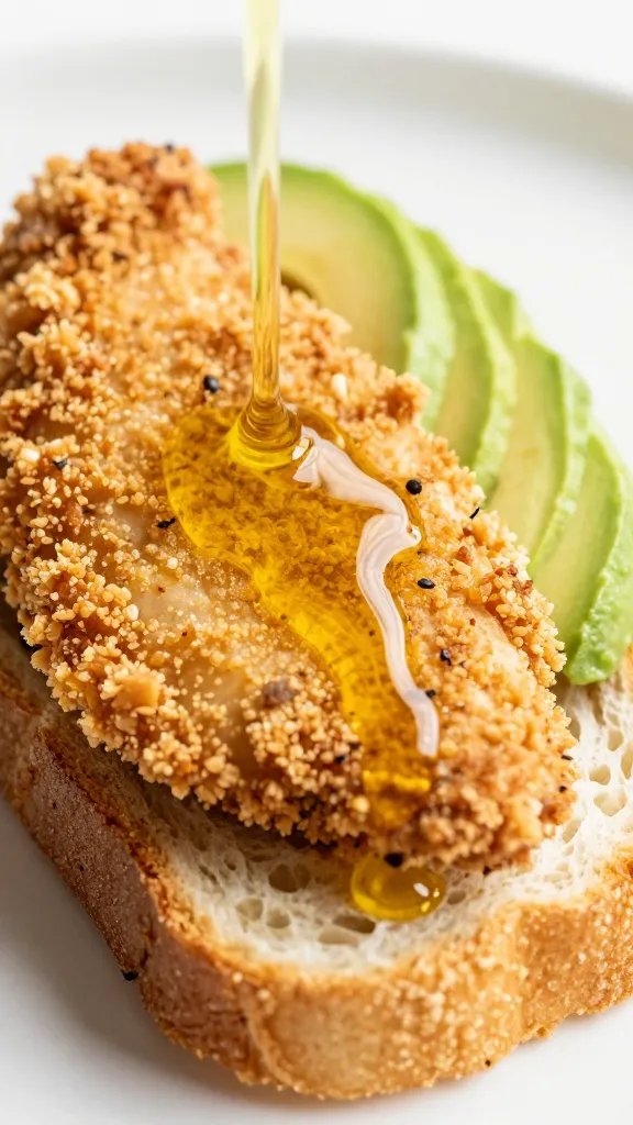 drizzle of avocado oil on breaded chicken piece, macro