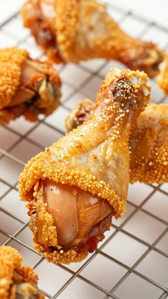 golden crispy chicken drumstick on wire rack, macro