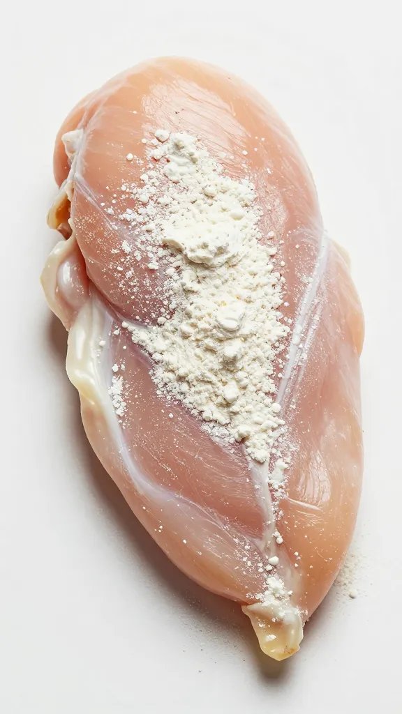 egg-washed chicken breast, dusted with whey isolate