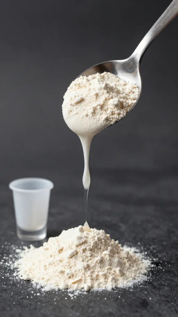 whey protein powder in stainless scoop, tight shot