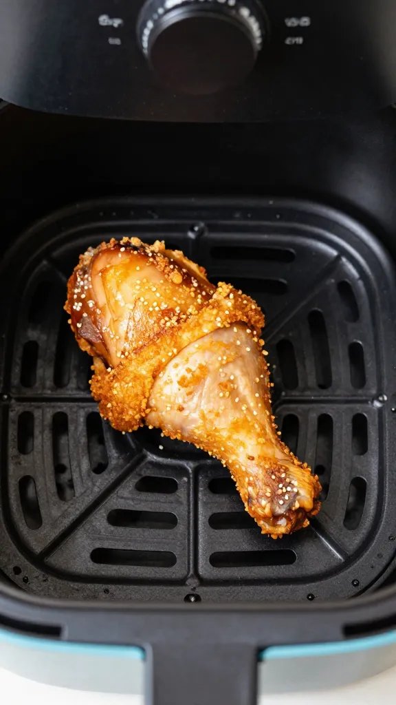air fryer basket with single crispy chicken thigh