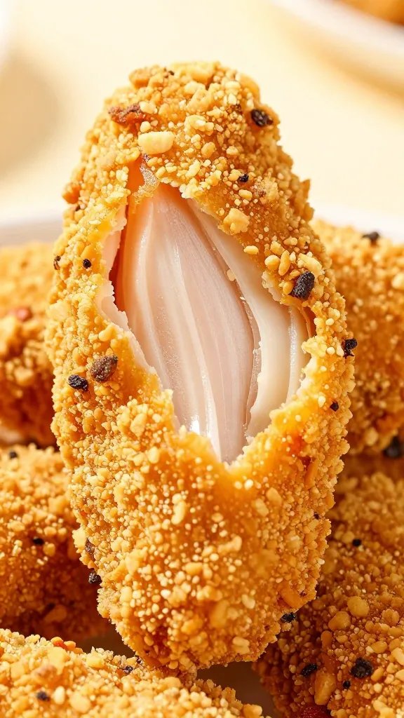 crunchy whey-breaded chicken tender snapped open, macro