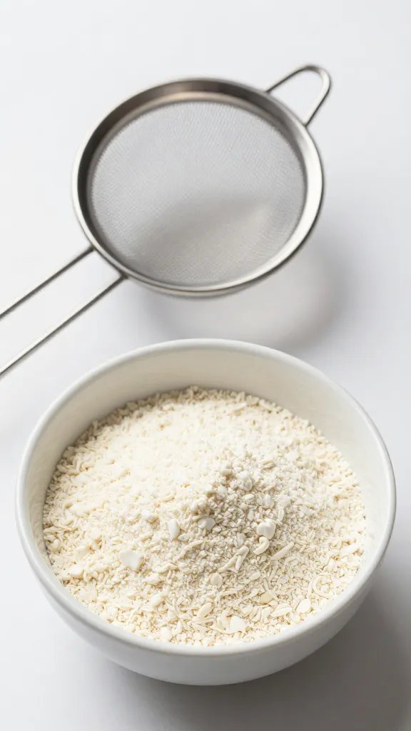 small bowl of whey isolate with fine mesh sieve