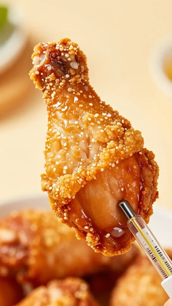 thermometer probe in crispy chicken thigh, closeup