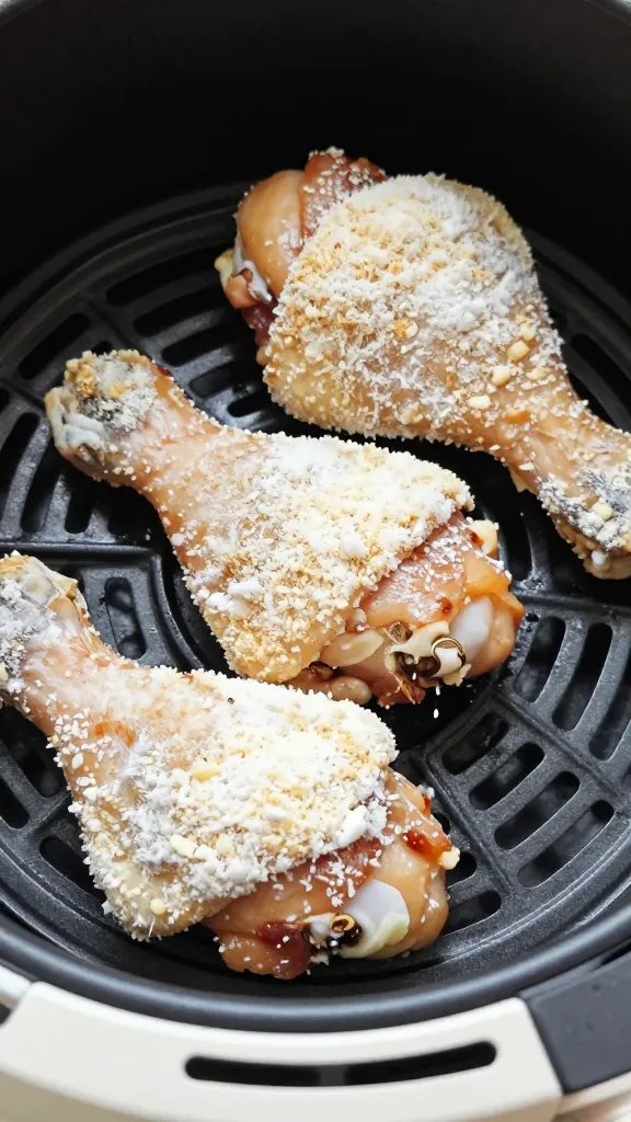 closeup of coconut flour-dusted chicken thigh in air fryer basket