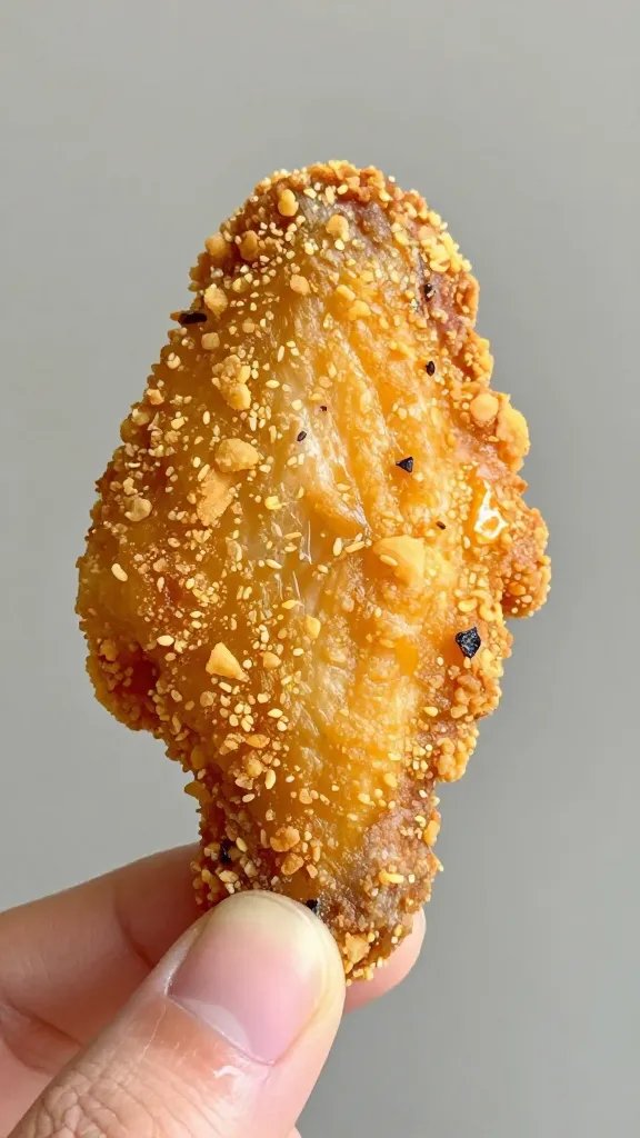 hand holding air-fried chicken wing, ultra-crisp coating