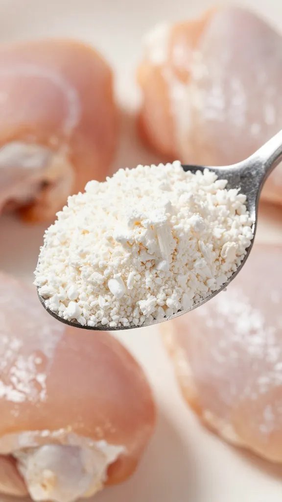 coconut flour in spoon over raw chicken thigh, macro