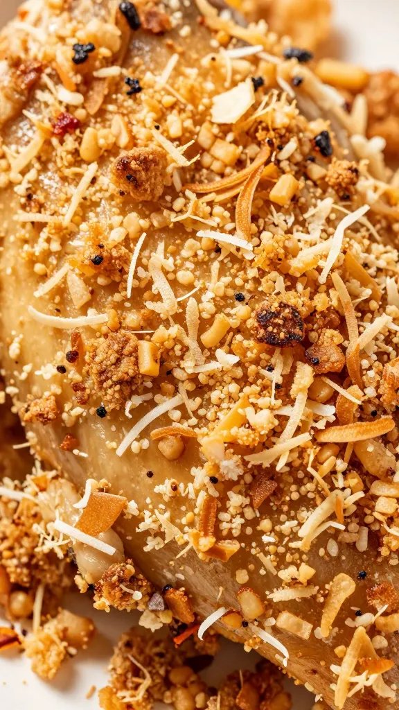 toasted coconut flour crust texture on chicken, extreme closeup