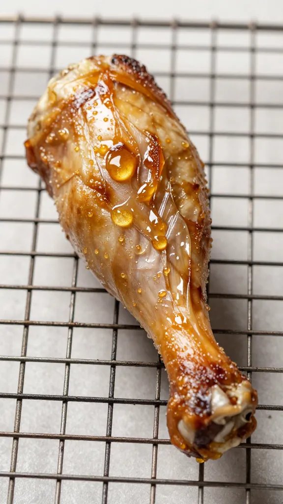 single drumstick resting on wire rack, oil droplets glistening