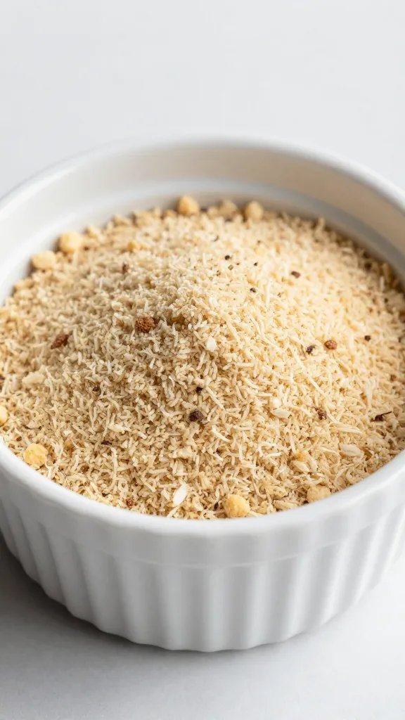 spice-dusted coconut flour in small ramekin, tight shot