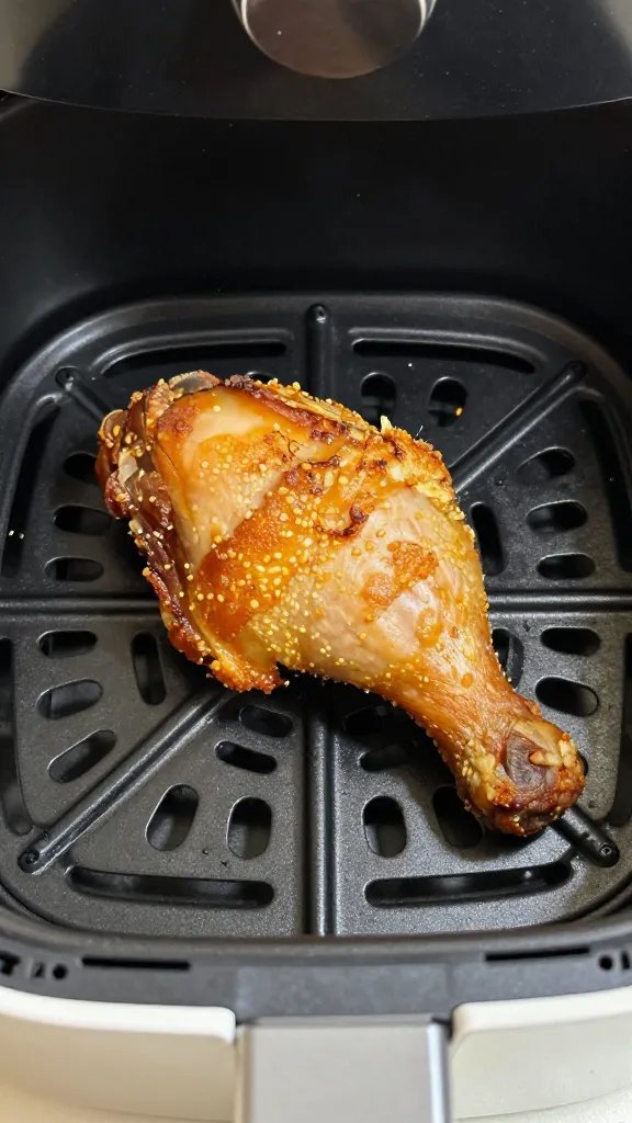 closeup of air fryer basket with single crispy chicken thigh