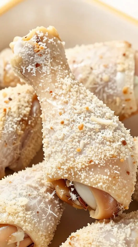 macro shot of coconut-pork rind crust on chicken drumstick