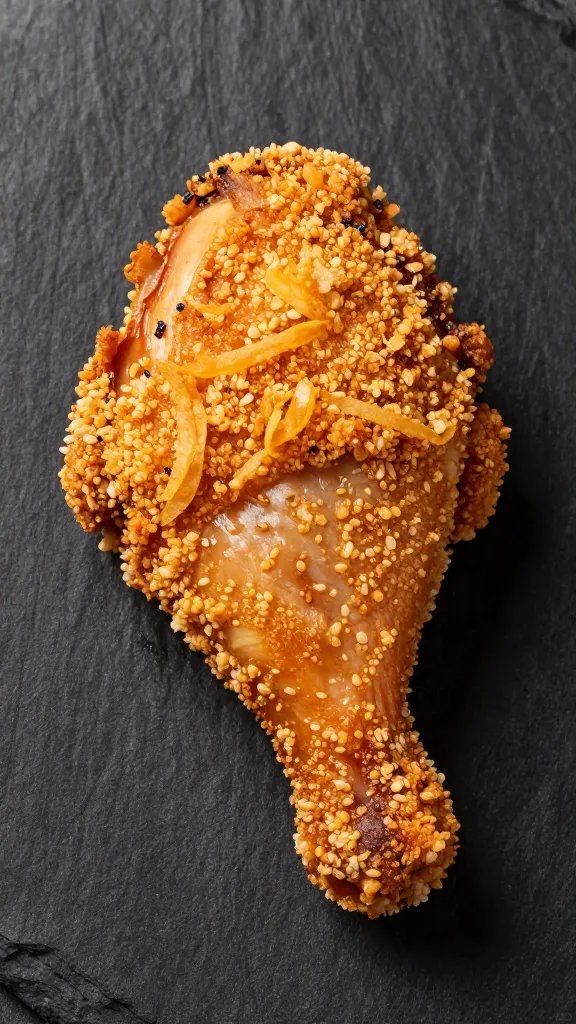 single breaded chicken thigh on black slate, crispy crust