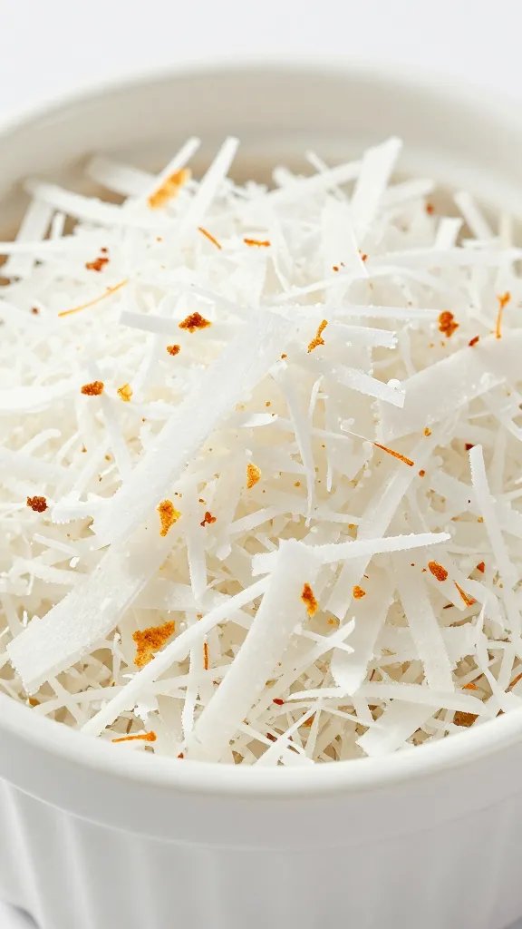 closeup of shredded coconut in small ramekin, toasted edges