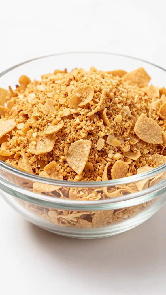 crushed pork rinds in clear glass bowl, coarse crumbs