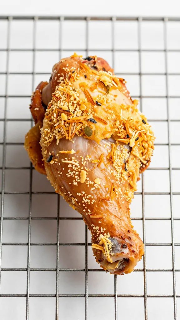 single dipped chicken thigh on wire rack, crust clinging