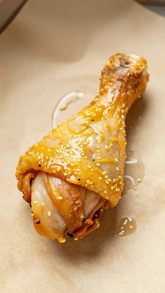 golden chicken drumstick resting on parchment, oil sheen