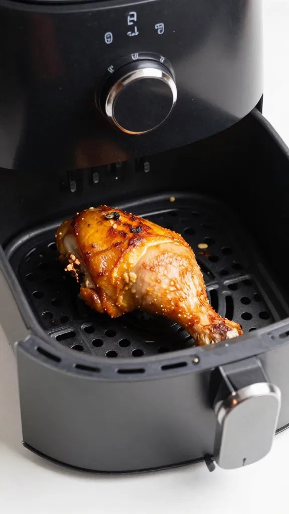 air fryer drawer opened, one browned chicken thigh centered