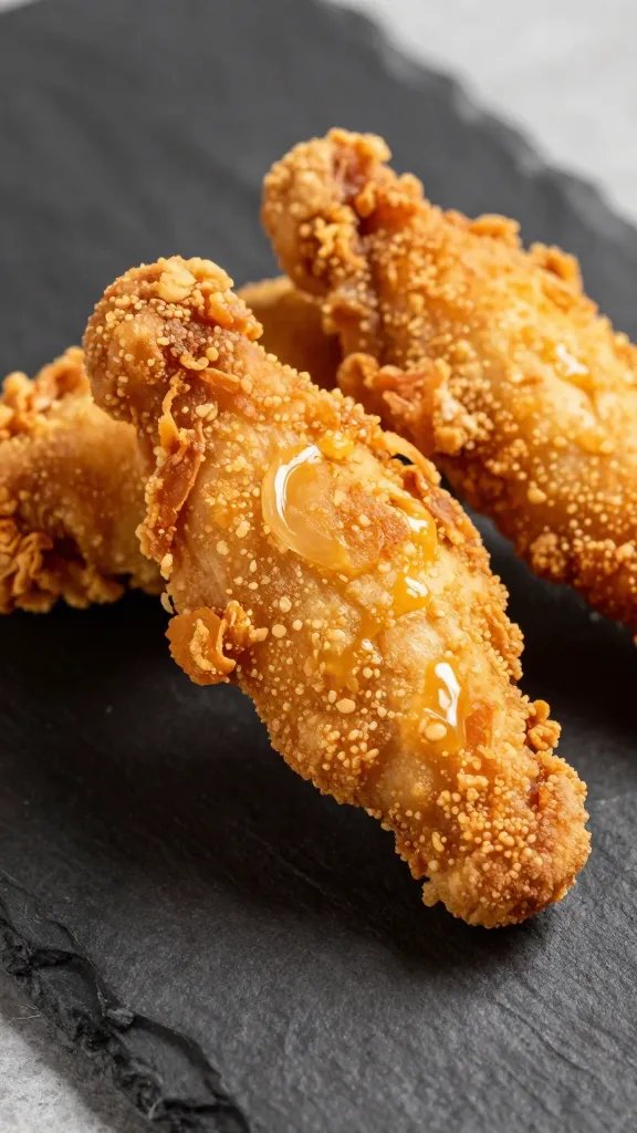 closeup of air-fried keto chicken tender on slate plate