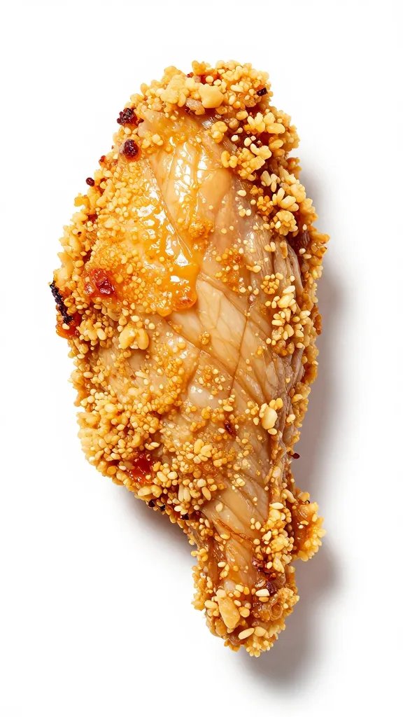 single chicken tender with pork rind crust, studio lighting