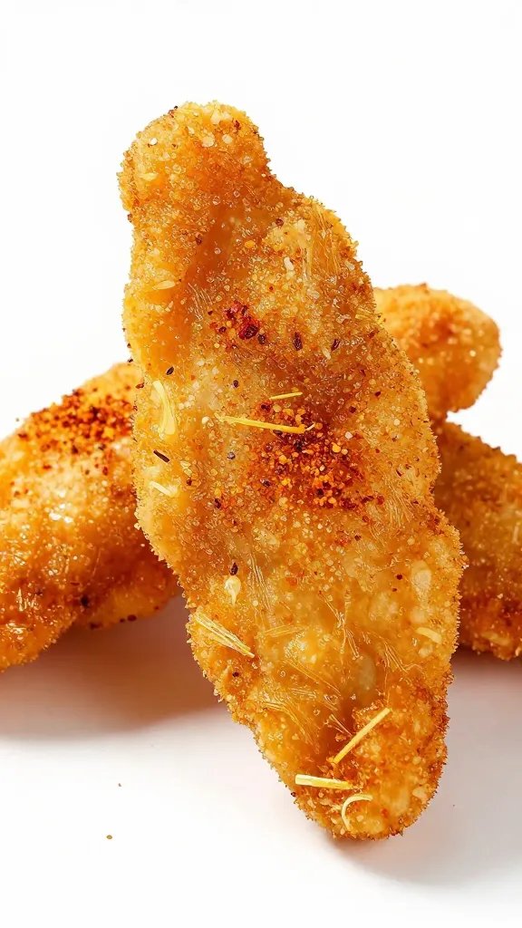 golden chicken tender dusted with cayenne, white background