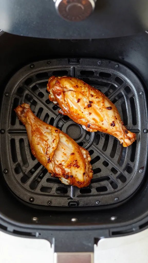 air fryer basket holding one chicken tender, overhead closeup