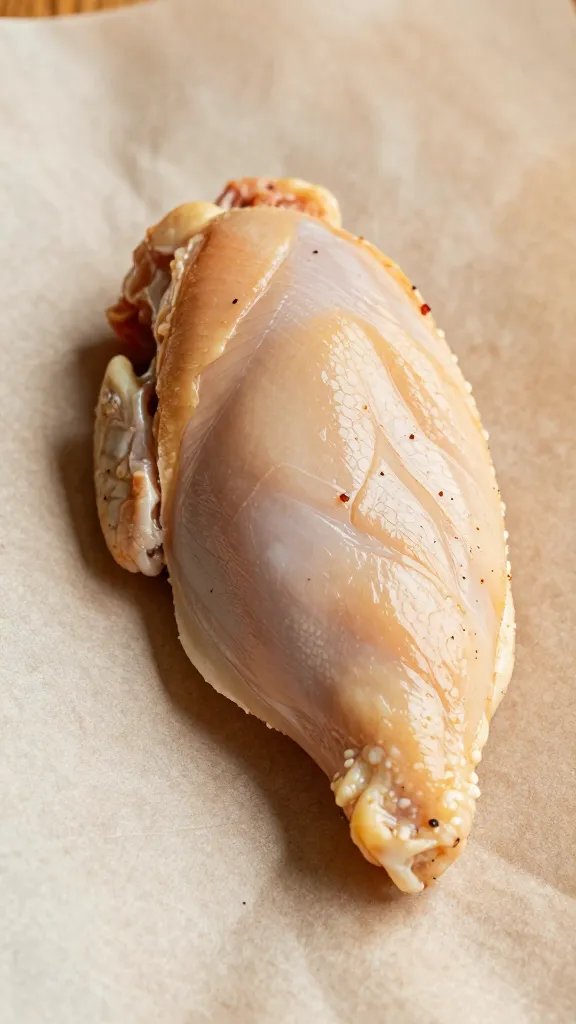 single chicken tender on parchment, visible cayenne flecks