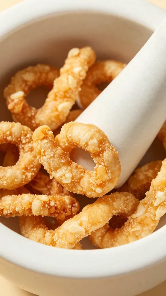 pork rinds crushed in mortar, tight macro shot