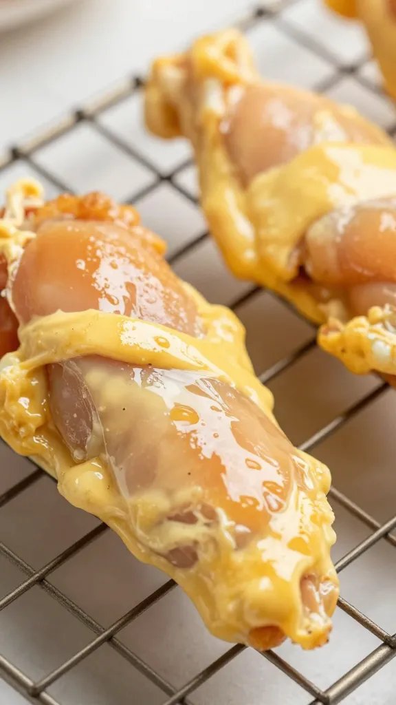 beaten egg-coated chicken tender on wire rack, closeup