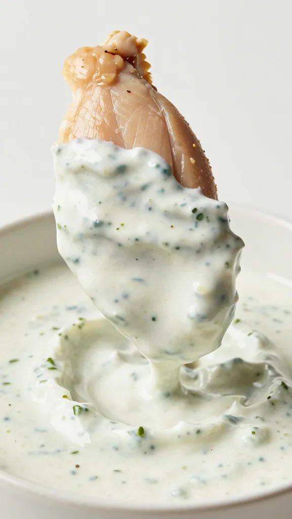 dipping a single chicken tender into keto ranch, closeup
