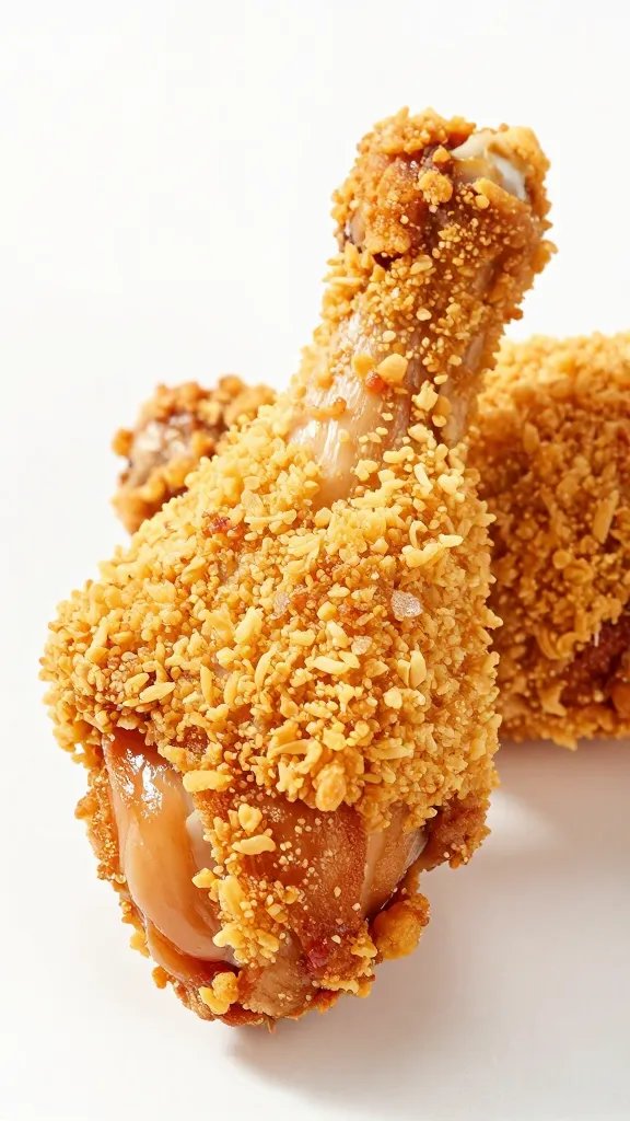 crispy pork rind crust on chicken drumstick, macro shot