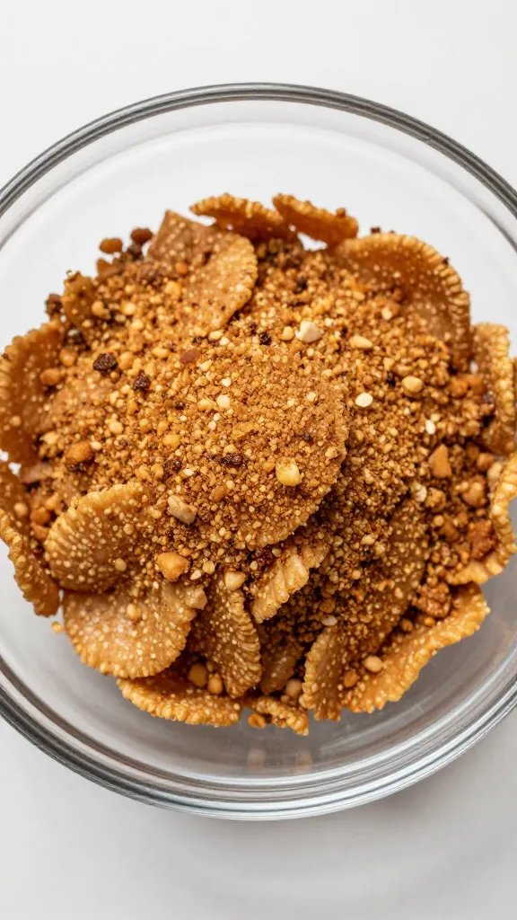 seasoned crushed pork rinds in glass bowl, overhead