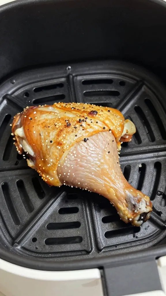 air fryer basket with single cooked chicken thigh, closeup