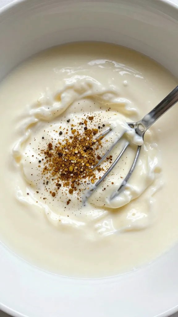 bowl of faux buttermilk with spices whisked, closeup