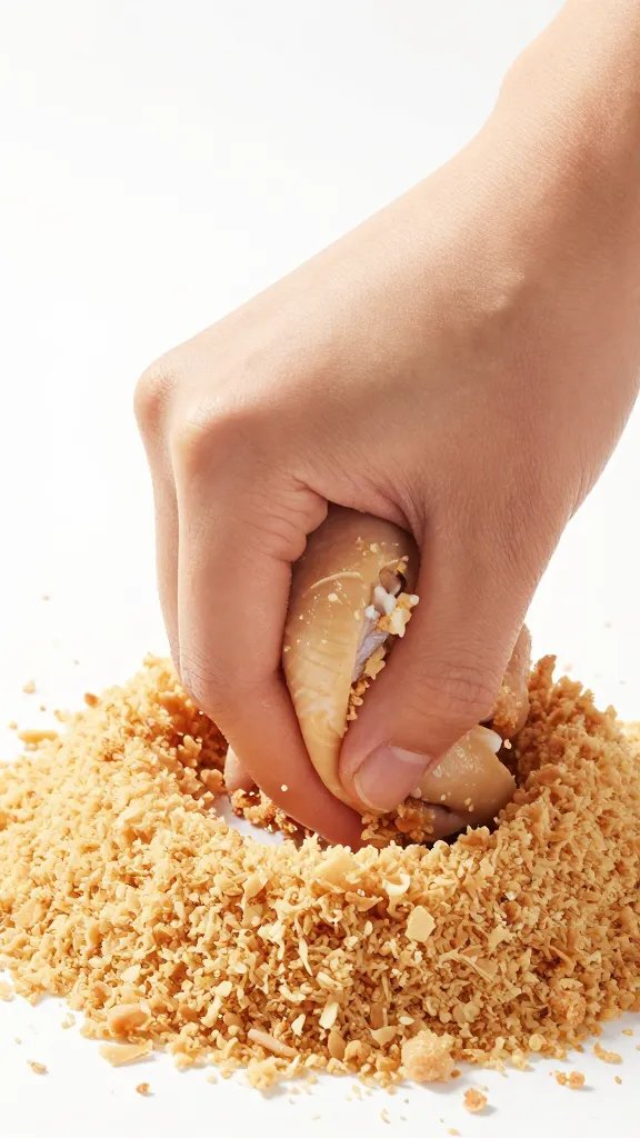 hand pressing chicken into pork rind crumbs, tight shot